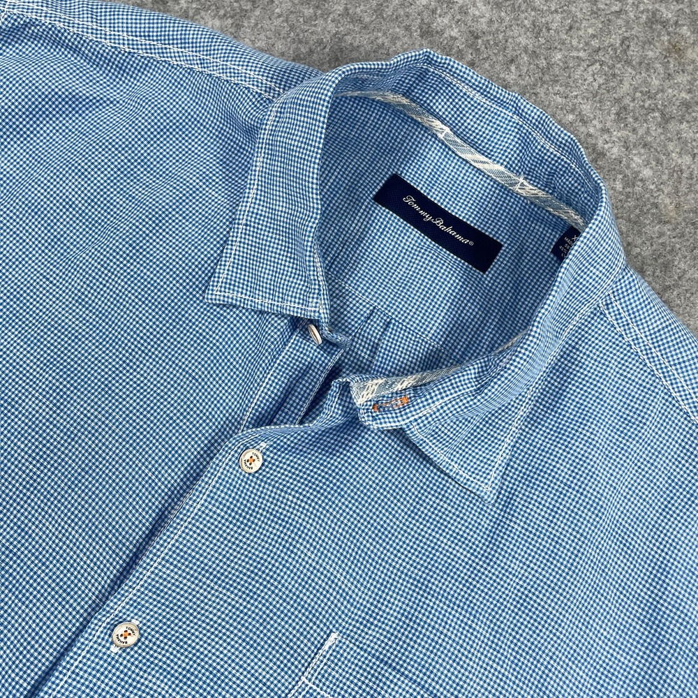 Tommy Bahama Mens Button Front Shirt XL Blue Gingham Linen Blend Long Sleeve